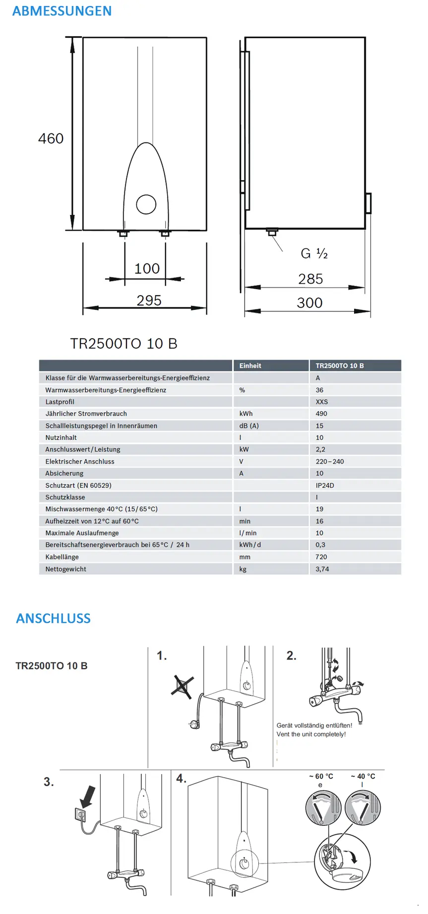 Technische Zeichnung eines Bosch-Warmwasserspeichers mit Abmessungen, Anschlussanleitung und Leistungsdaten. Darstellung von Montage und Einrichtung in vier Schritten.